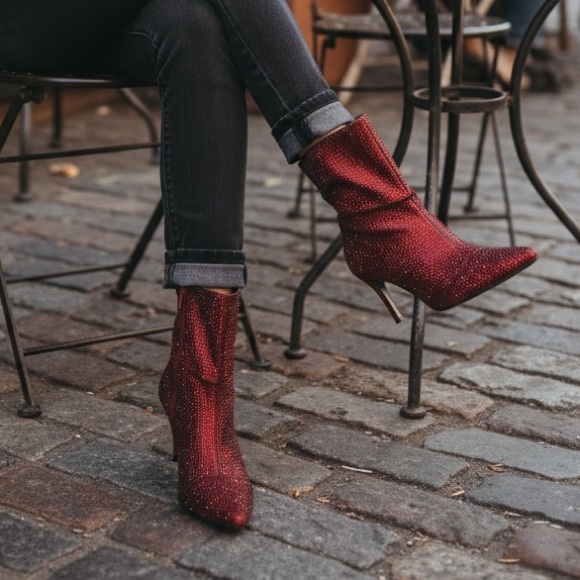 torrid Shoes - NWT Torrid Red Rhinestone Slouch Boots Size 10W Wide Pointed Toe Kitten Heel